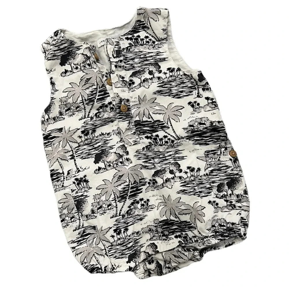 Janie and Jack Black and White Tropical Romper